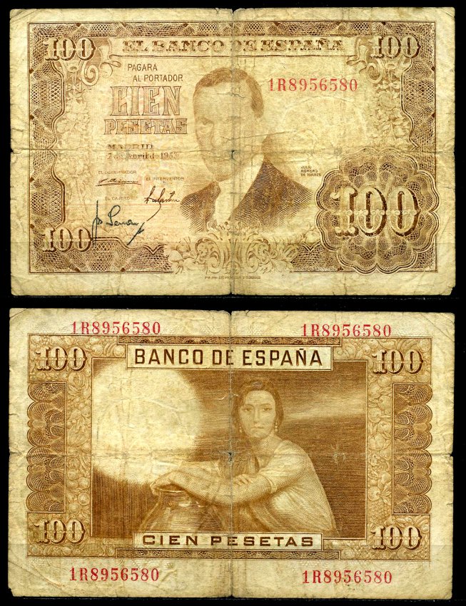 Испания 100 песет 1953 7 апреля 1953, Хулио Ромеро де Торрес Pick 145а бумага 8617-17-1-2