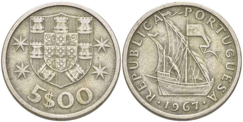 ПОРТУГАЛИЯ 5 ЭСКУДО 1967 ПАРУСНИК KM 591 медно-никель 213-252