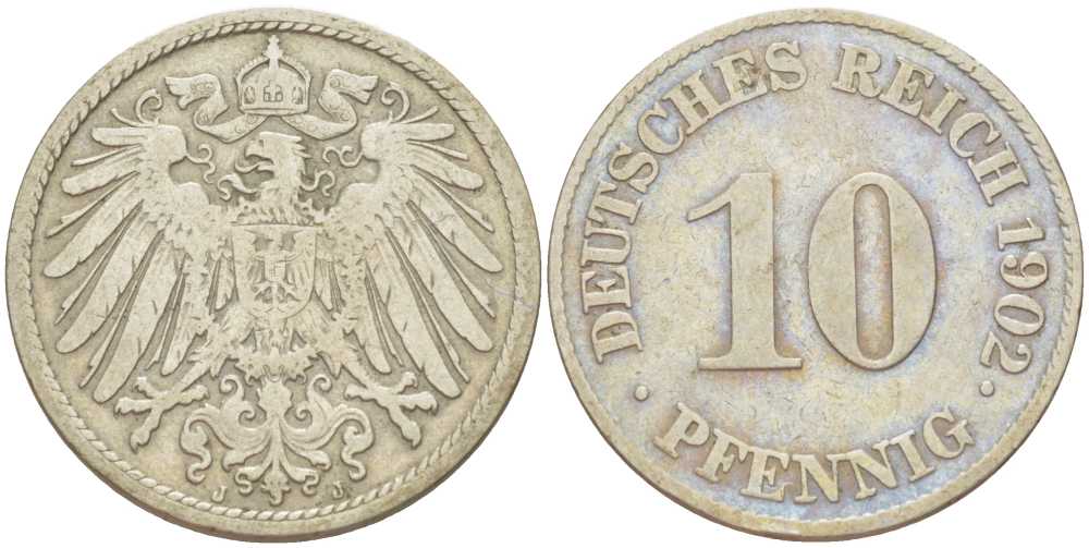 Германия 10 пфеннигов 1902 J KM 12, J. 13, Weege 8 медно-никель 259-831