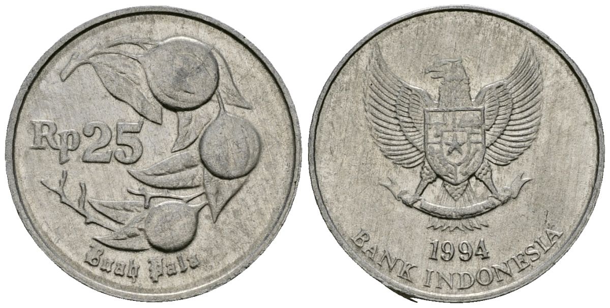 Индонезия 25 рупий 1994 мускатный орех KM 55 алюминий 4136-1051