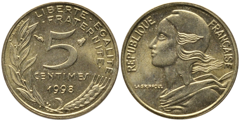 ФРАНЦИЯ 5 САНТИМОВ 1998 ТИП MARIANNE KM 933 медь алюминий никель 99-1132