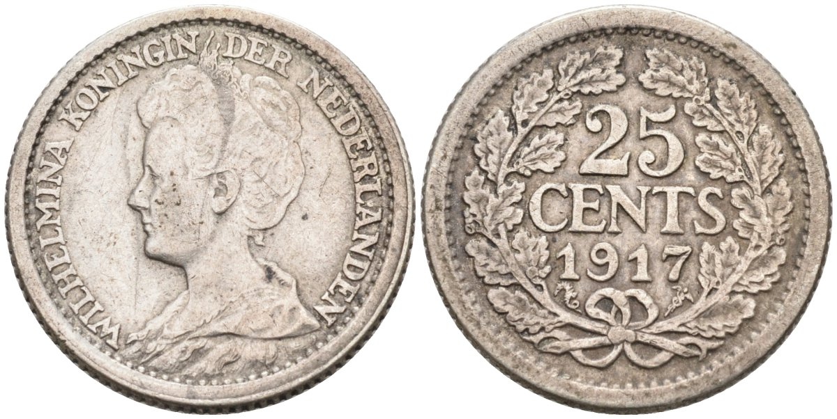 Нидерланды 25 центов 1917 Вильгельмина (1890-1948) KM 146 серебро 4576-757