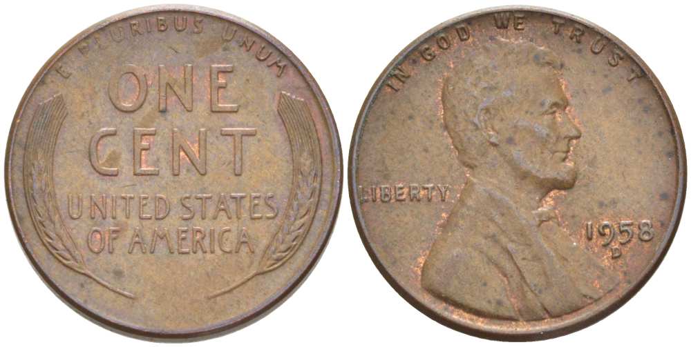 США 1 ЦЕНТ 1958 D, ЛИНКОЛЬН KM А132 медь цинк 3309-1225
