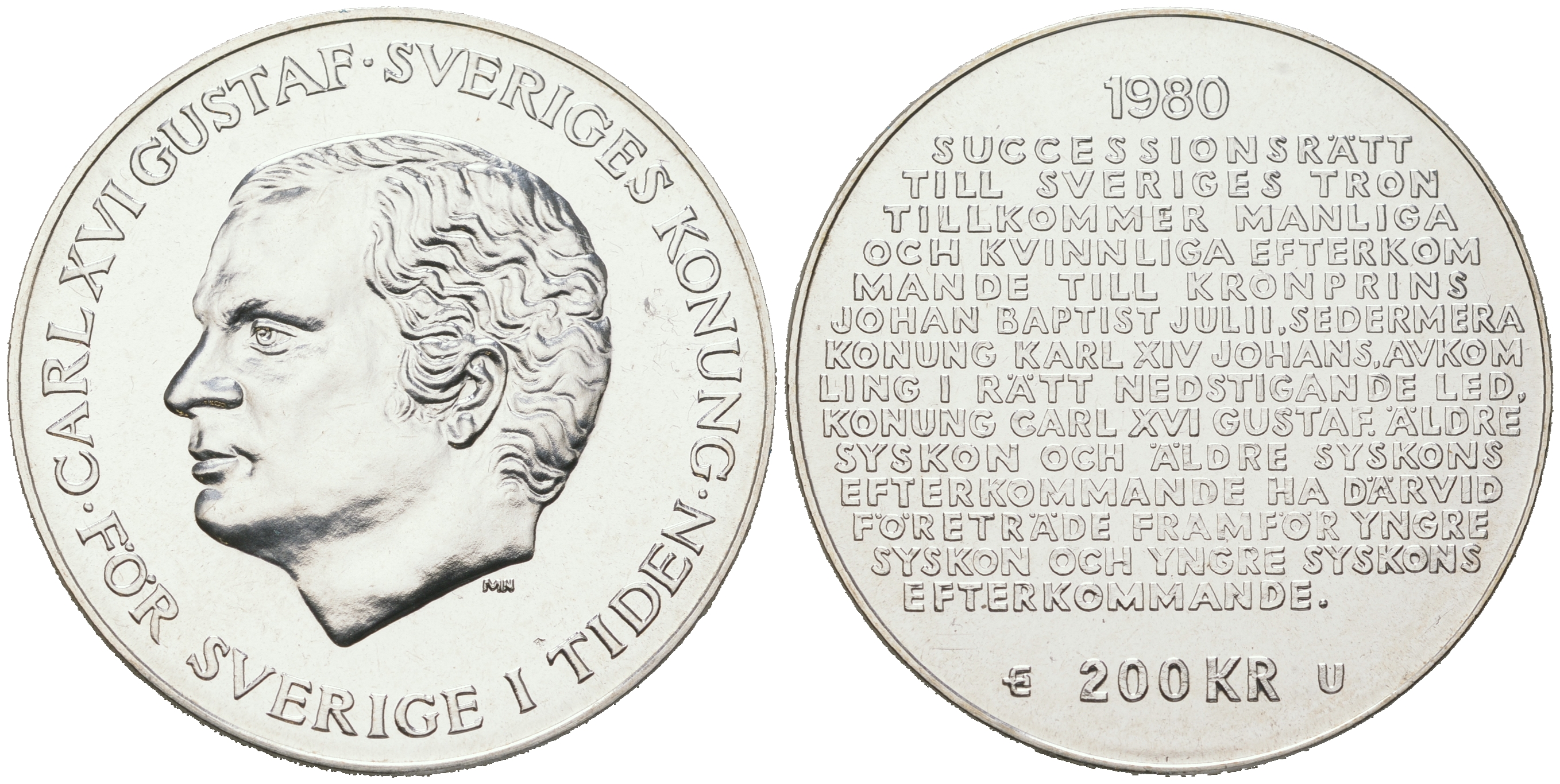 Швеция 200 крон 1980 U, Карл XVI Густав (1973- ), шведский королевский свод законов о престолонаследии, в оригинальной пластиковой упаковке KM 860 серебро PROOFLIKE 1089-2-31