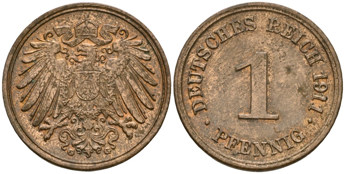 Германия 1 пфенниг 1911 G, Вильгельм II (1888-1918) KM 10, J. 10 медь 4608-241