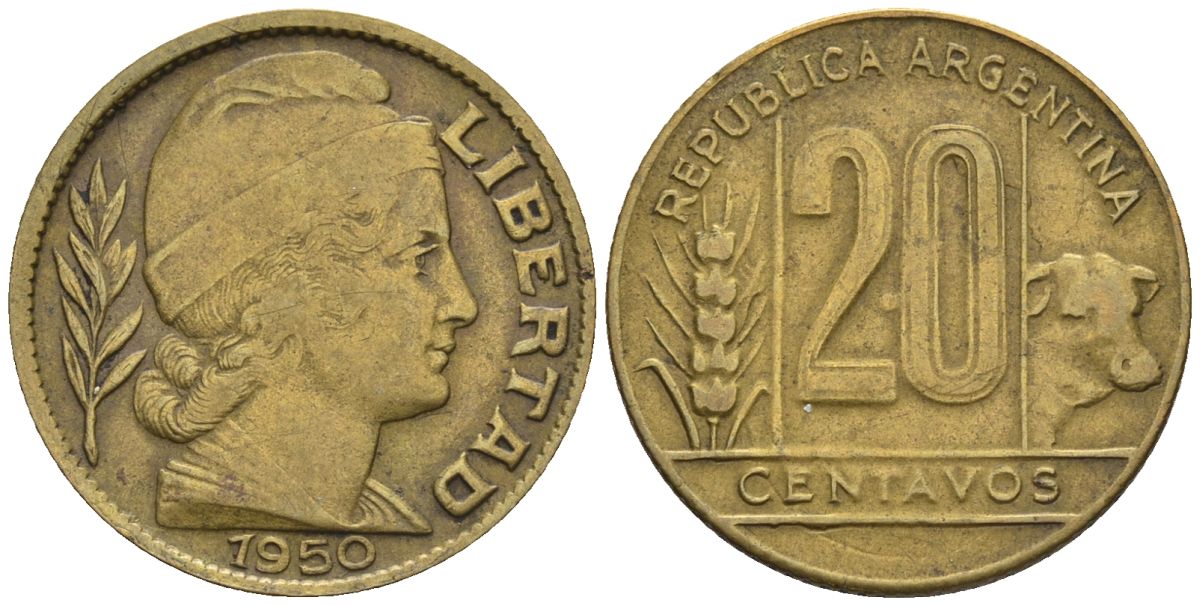Аргентина 20 сентаво 1950 голова свободы вправо KM 42, CJ 204, Schon 45 алюминиевая бронза    60-926