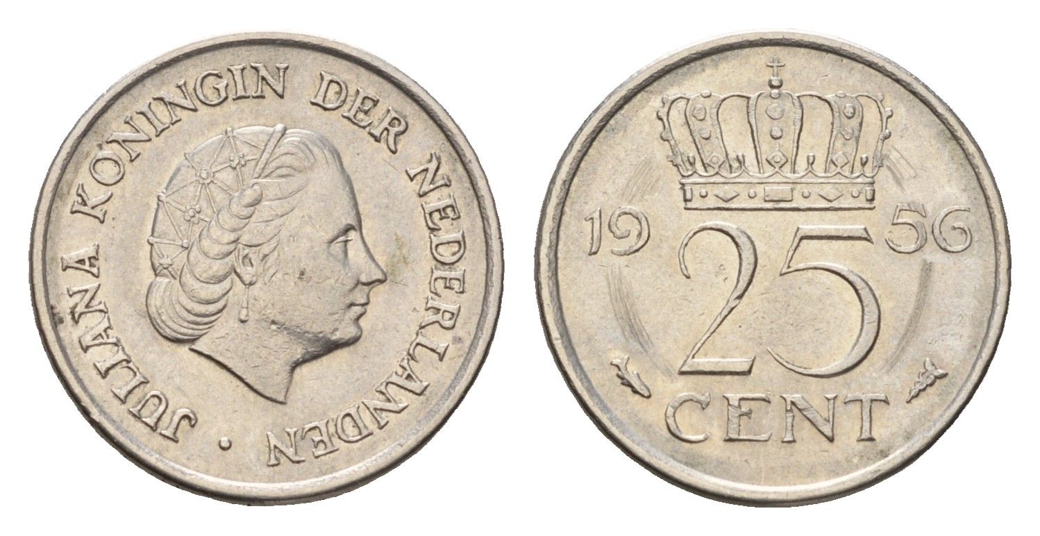 Нидерланды 25 центов 1956 Юлиана (1948-1980) KM 183 никель 4658-768