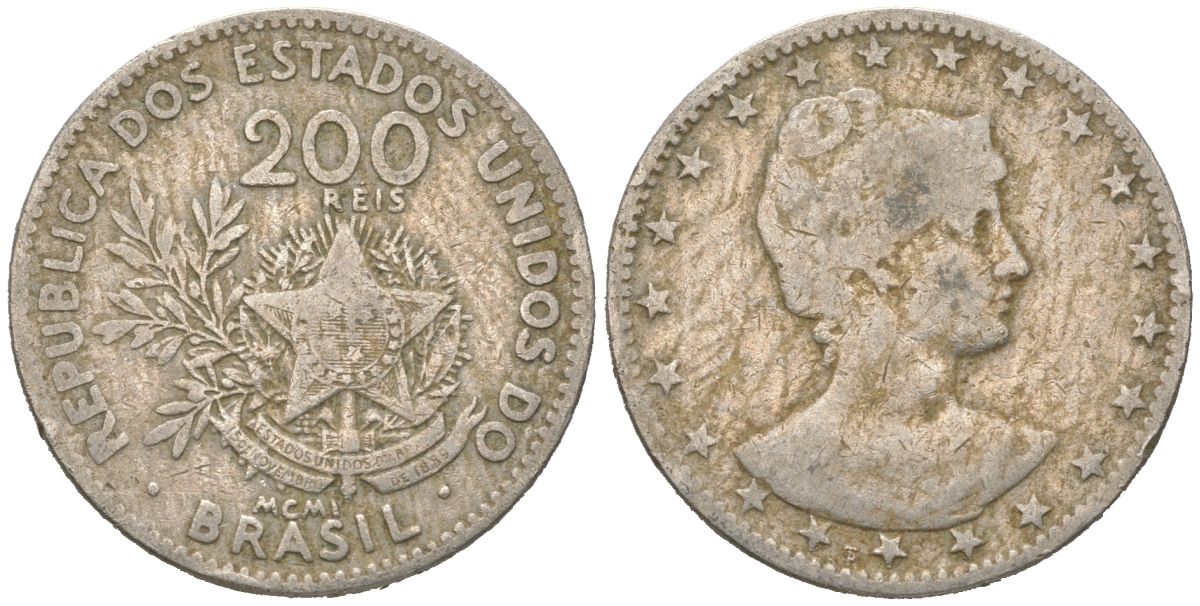 Бразилия 200 реалов 1901 MCMI, голова свободы вправо KM 504 медно-никель 4612-412
