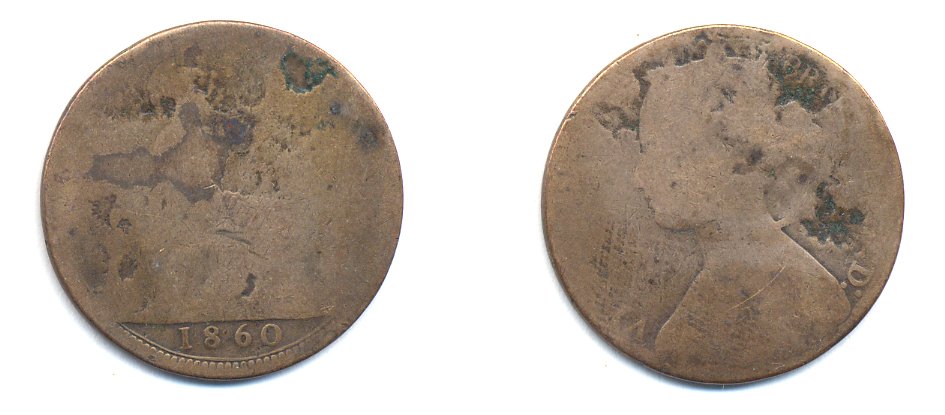 Великобритания 1 пенни 1860 Виктория (1837-1901) KM 749.2, Spink 3954 бронза 4379-132