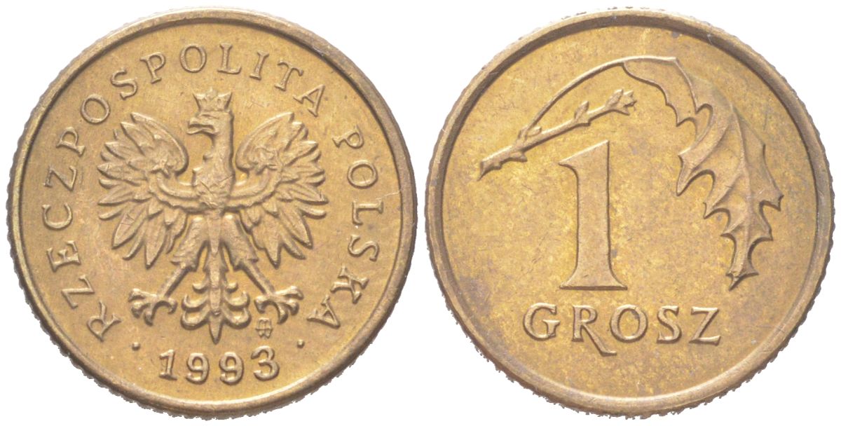 Польша 1 грош 1993 Y 276 марганец латунь UNC 4614-567