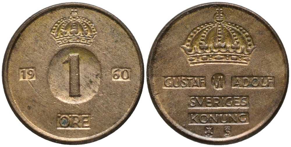 Швеция 1 эре 1960 TS, Густав VI Адольф (1950-1973) KM 820 бронза 201-1148