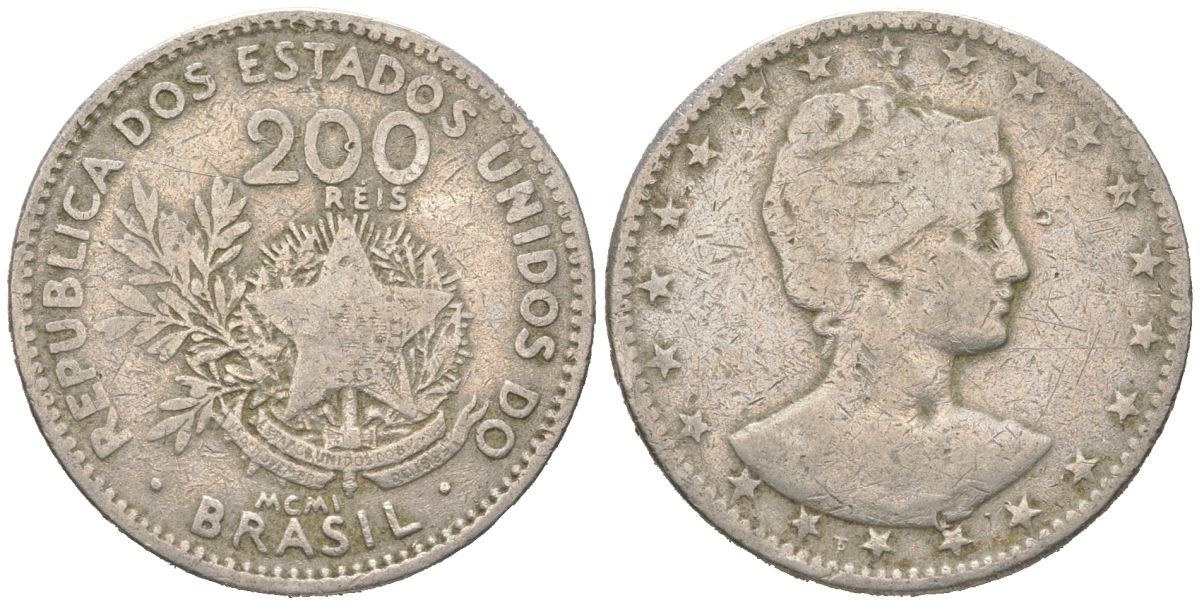 Бразилия 200 реалов 1901 MCMI, голова свободы вправо KM 504 медно-никель 4612-351