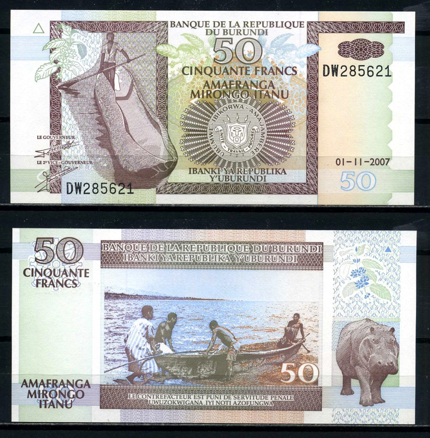 Бурунди 50 франков 2007 1 ноября 2007 Pick 36g бумага UNC (пресс) 6317-30-1-2