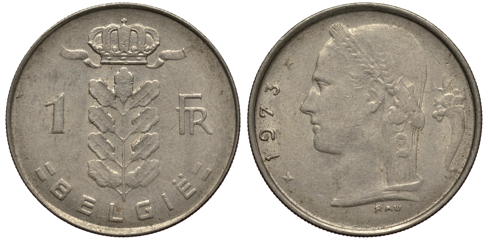 БЕЛЬГИЯ 1 ФРАНК 1973 BELGIE KM 143.1 медно-никель 4182-225