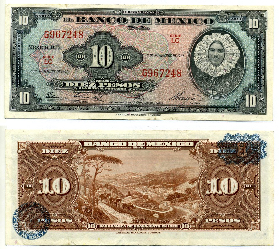 Мексика 10 песо 1961 8 ноября 1961 Pick 58i бумага 2196-19-2-1