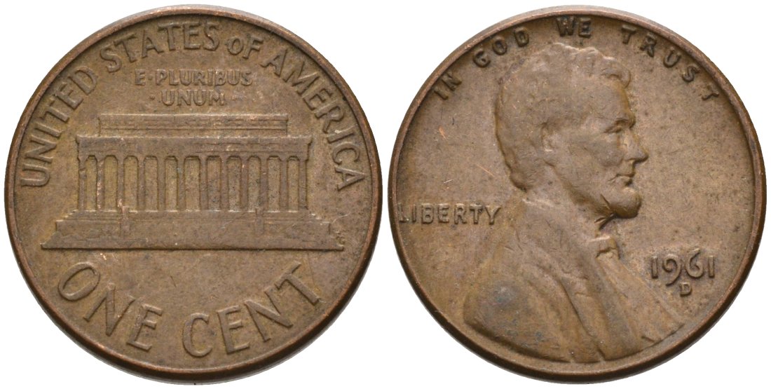 США 1 цент 1961 D, Авраам Линкольн KM 201 медь цинк 4564-351