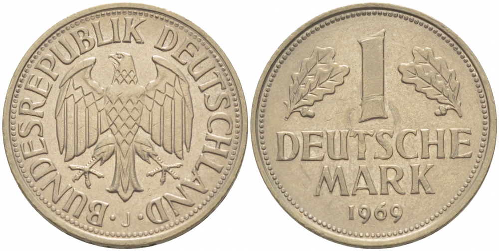 ФРГ 1 МАРКА 1969 J KM 110 J 385 медно-никель 3996-724