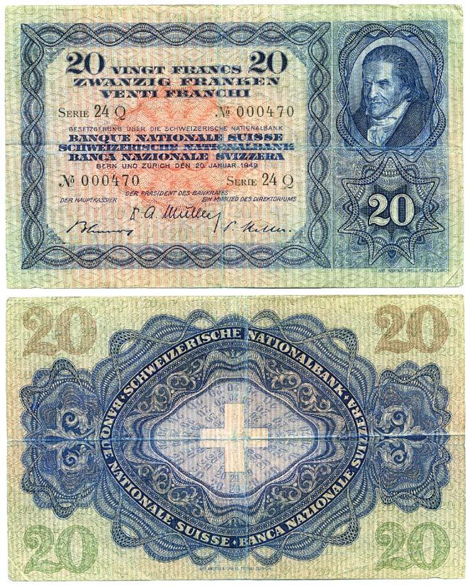 Швейцария 20 франков 1949 Иоганн Генрих Песталоцци Pick 39 q бумага 000-00-00
