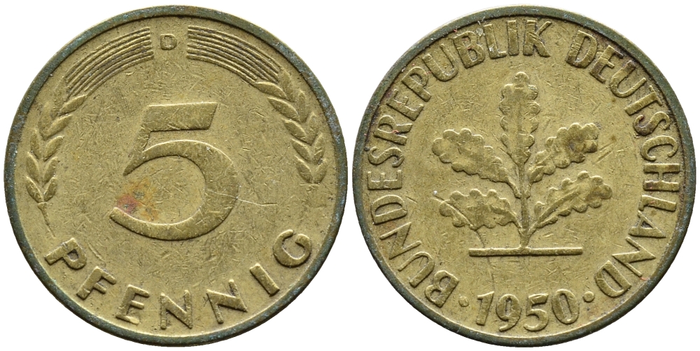 ФРГ 5 ПФЕННИГОВ 1950 D KM 107, J.382 сталь плакированная латунью 4392-446