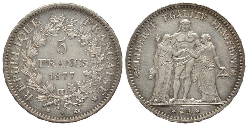 Франция 5 франков 1877 А, Геракл с богинями равенства и братства KM 820.1 серебро aUNC 1522-712