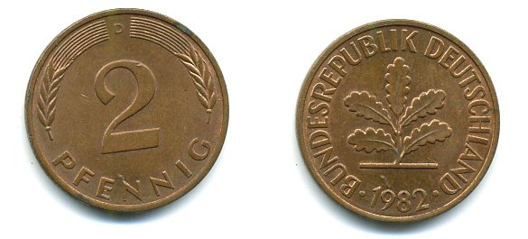 ФРГ 2 пфеннига 1982 D KM 106a, J.381a сталь плакированная медью 3999-1134