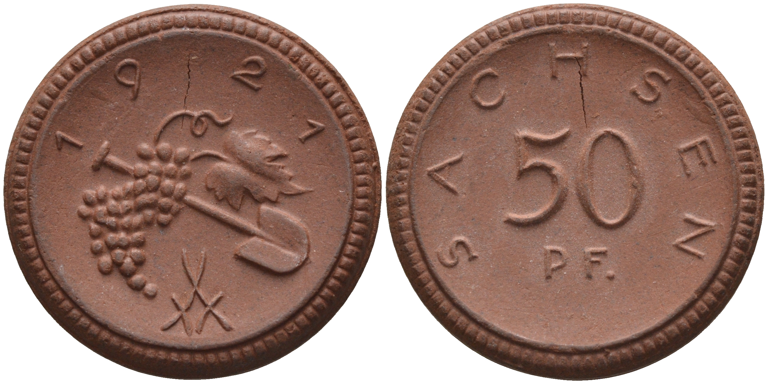 Саксония 50 пфеннигов 1921 виноград и лопата J. N 54 фарфор 1094-5-42