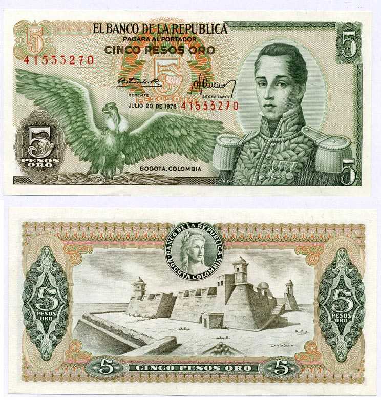 Колумбия 5 песо 1976 Хосе Мария Кордова, Картахена Pick 406е бумага UNC (пресс) 8611-17-2