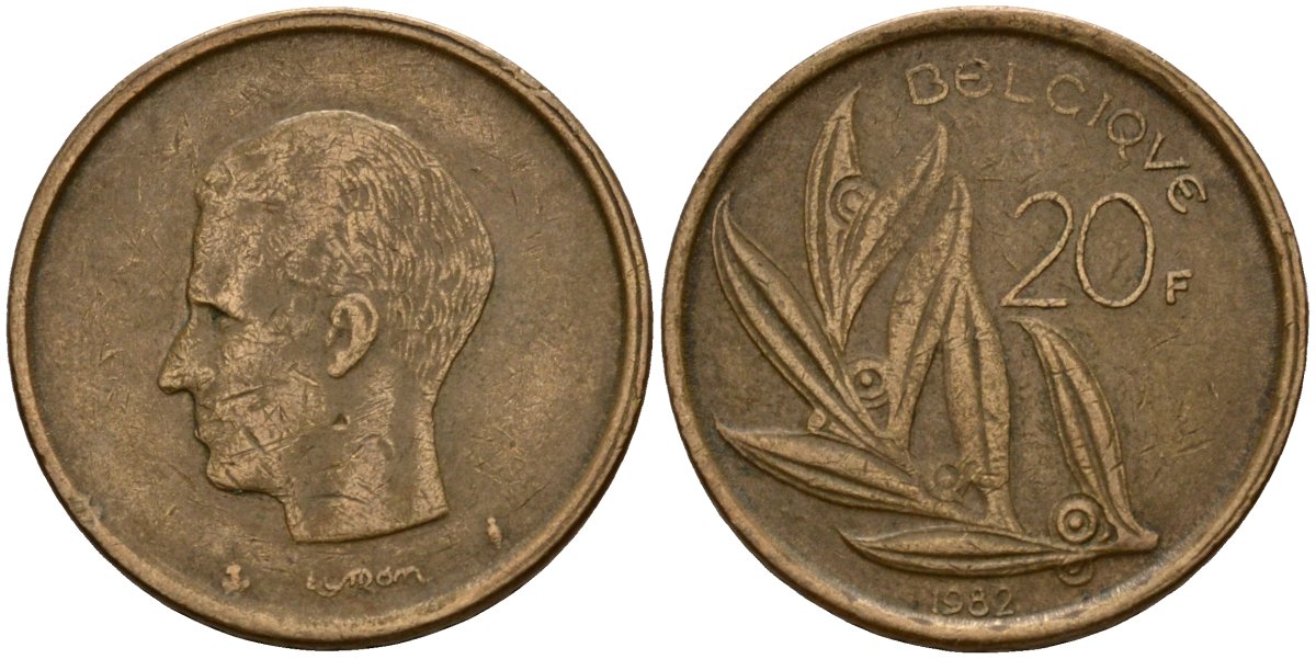 Бельгия 20 франков 1982 Belgique, Бодуэн I (1951-1993) KM 159 никель бронза 4601-346