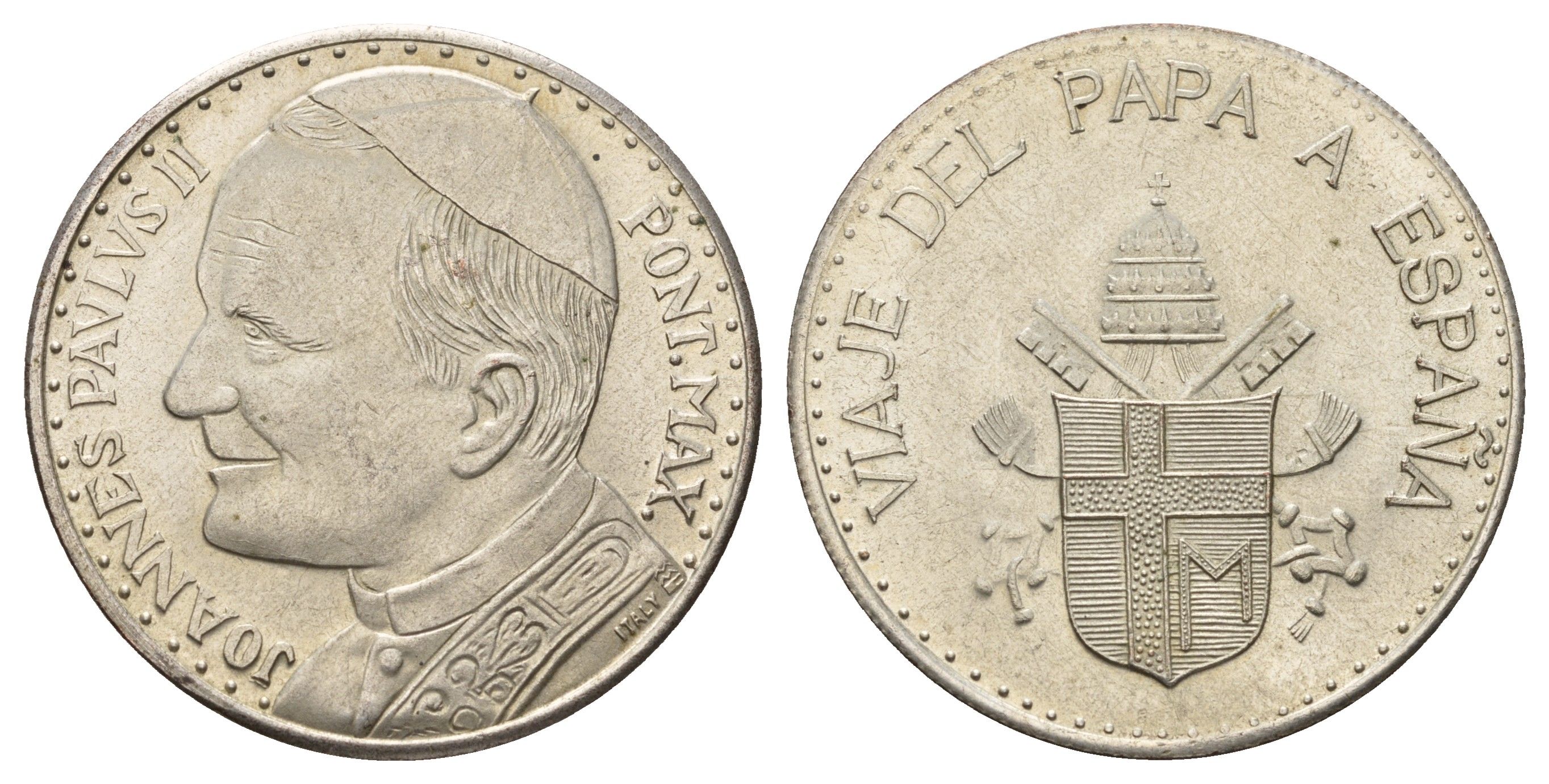 Ватикан медаль в честь визита в Испанию Папы Римского Иоанна Павла II в 1982 1982 Иоанн Павел II, диаметр 35 мм, вес 16,2 гр медно-никель плакированный серебро 4667-1233