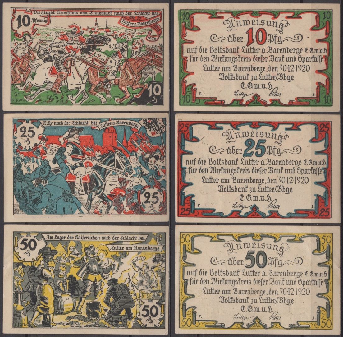 Луттер ам Баренберге полный набор из 3 нотгельдов (10, 25 и 50 пфеннигов) 1920 Grabowski 847.1 бумага UNC (пресс) 7556-18-2-2