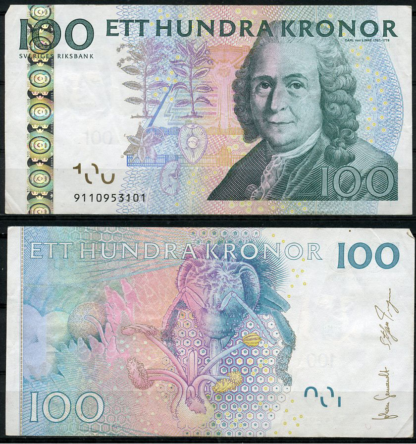 Швеция 100 крон 2009 Карл Линней, пчела опыляет цветок Pick 65 c  бумага   8611-30-2-1