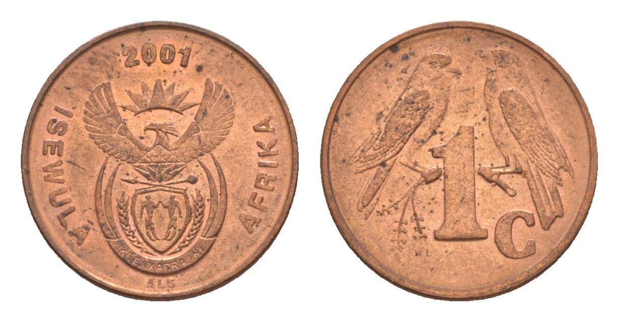 ЮАР 1 цент 2001 герб, капские воробьи KM 221 сталь плакированная медью UNC 4602-241