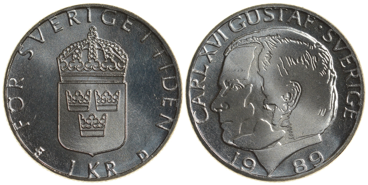 Швеция 1 крона 1989 Карл XVI Густав (1973- ) KM 852a медно-никель UNC 4179-1232