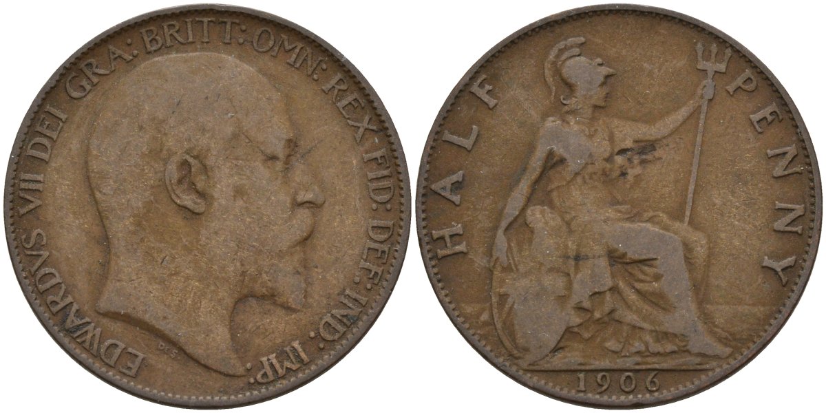 Великобритания 1/2 пенни 1906 Эдуард VII (1901-1910) KM 793.2, Spink 3991 бронза 4146-121