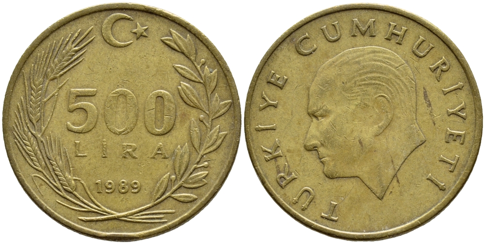 Турция 500 лир 1989 Кемаль Ататюрк KM 989 алюминиевая бронза 4397-246
