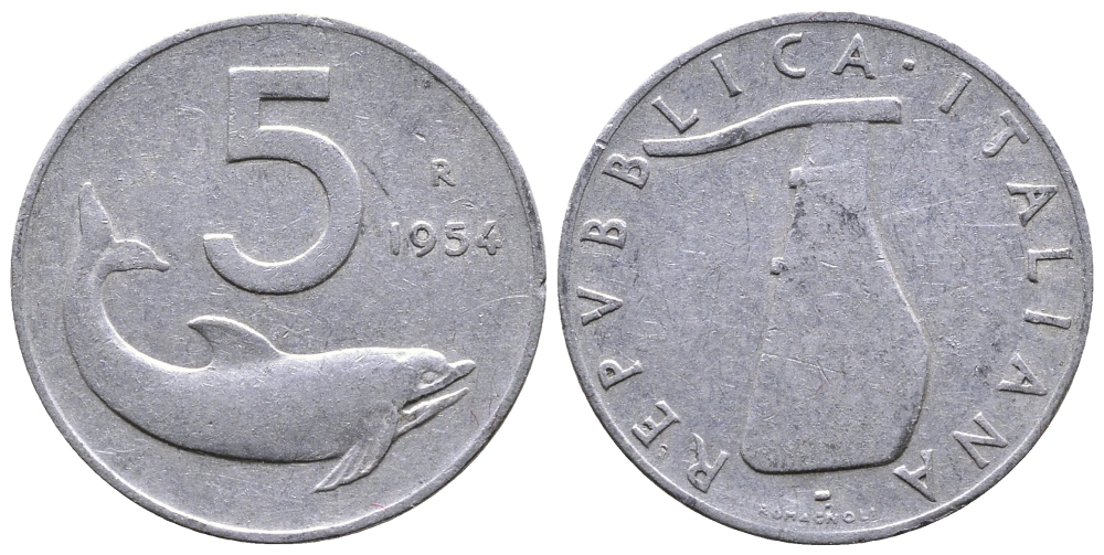 ИТАЛИЯ 5 ЛИР 1954 R, РУЛЬ, ДЕЛЬФИН KM 92 алюминий 51-2613