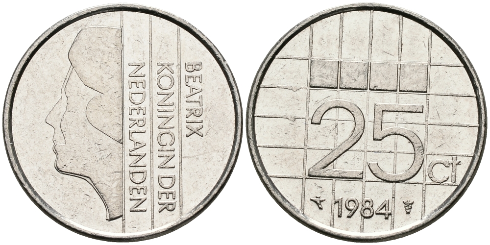 НИДЕРЛАНДЫ 25 ЦЕНТОВ 1984 БЕАТРИКС KM 204 никель 96-269