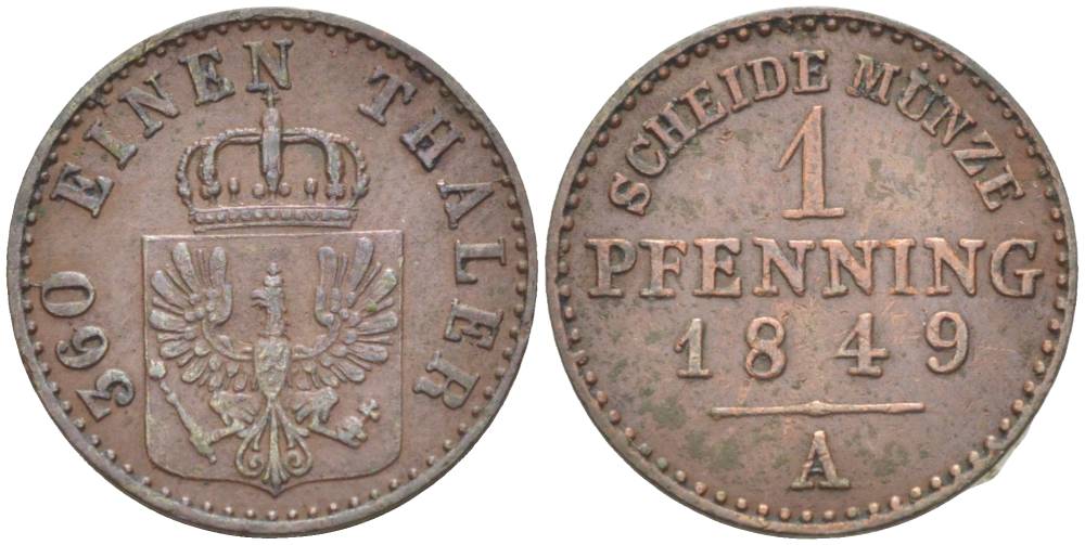 ПРУССИЯ 1 ПФЕННИГ 1849 А, ФРИДРИХ ВИЛЬГЕЛЬМ IV (1840-1861), ВЕС 1,51 ГР., МОНДВОР БЕРЛИН KM 447, Jaeger 50, AKS 92, Olding 337 медь 1517-1143