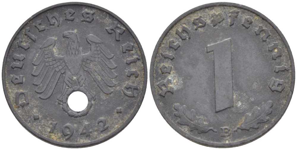 ГЕРМАНИЯ 1 РЕЙХСПФЕННИГ 1942 B  KM 97, J. 369 цинк 211-521