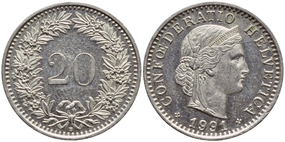 ШВЕЙЦАРИЯ 20 РАППЕНОВ 1991 В KM 29а медно-никель 4397-442