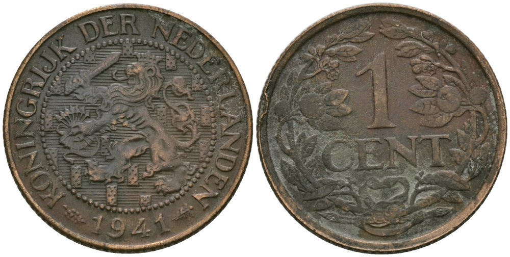 Нидерланды 1 цент 1941 Вильгельмина (1890-1948) KM 152 бронза 4576-1149