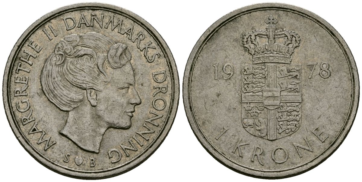 Дания 1 крона 1978 S; B, Маргрете II (1972-) KM 862.1 медно-никель 4138-822
