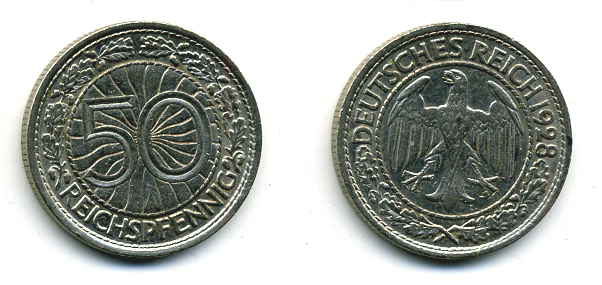 Германия 50 рейхспфеннигов 1928 A KM 49, J.324 никель 58-512