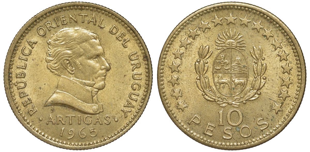 Уругвай 10 песо 1965 KM 48 алюминиевая бронза 4565-434