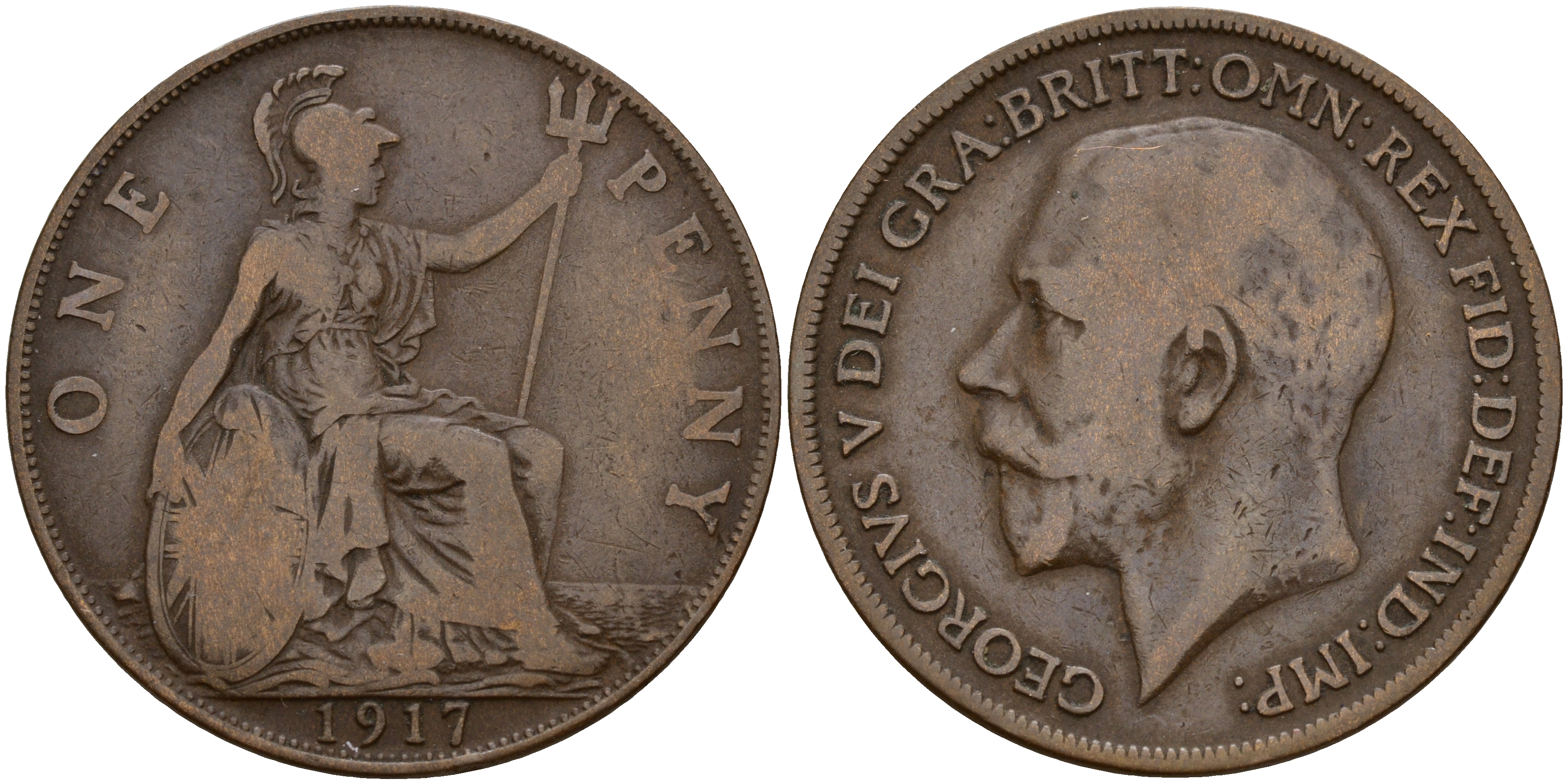 Великобритания 1 пенни 1917 Георг V  КМ 810, Spink 4051 бронза    4157-912