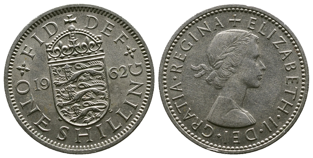 Великобритания 1 шиллинг 1962 Елизавета II (1952-2022), Английский герб KM 904, Spink 4147 медно-никель 4384-445
