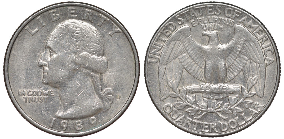 США 25 центов = квотер 1989 D, Вашингтон KM A164a медь плакированная медно-никелем 4556-1037