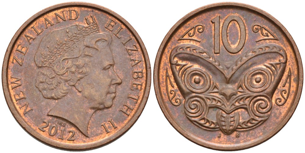 Новая Зеландия 10 центов 2012 маска Маори, Елизавета II (1952-) KM 117а сталь плакированная медью 63-941