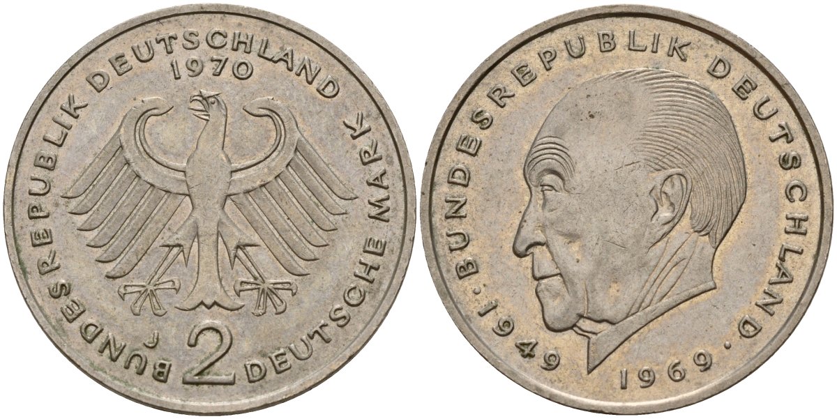 ФРГ 2 марки 1970 J, Конрад Аденауэр KM 124, J. 406 медно-никель 4159-1211