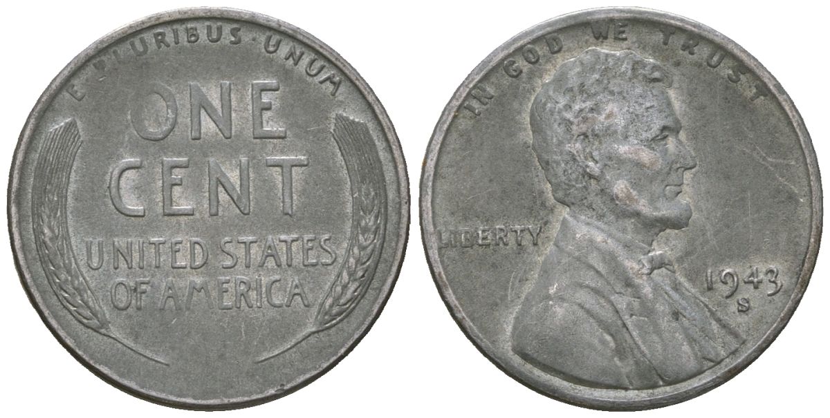 США 1 цент 1943 S (Сан-Франциско), Авраам Линкольн KM 132a сталь плакированная цинком 4516-418